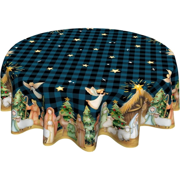 Christmas Nativity 60 inch Round Tablecloth Blue Buffalo Plaid Circle Tablecloths Star Xmas Tree Circular Table Cloth Polyester for Festive Kitchen Holiday Decor