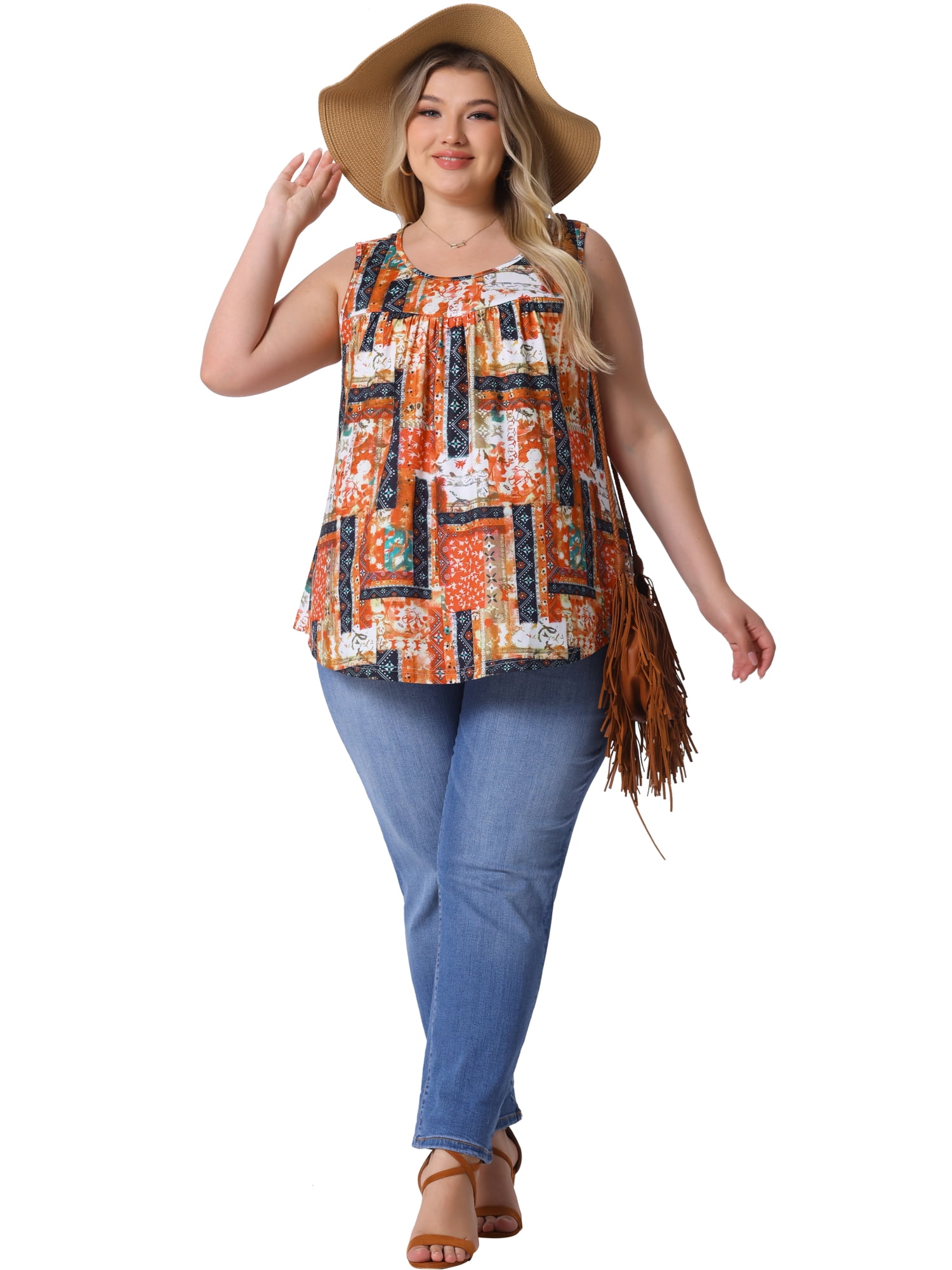 DARING DIVA Women's Plus Crew Neck Boho Pleated Curved Hem Tank Top Blouse 2X Orange