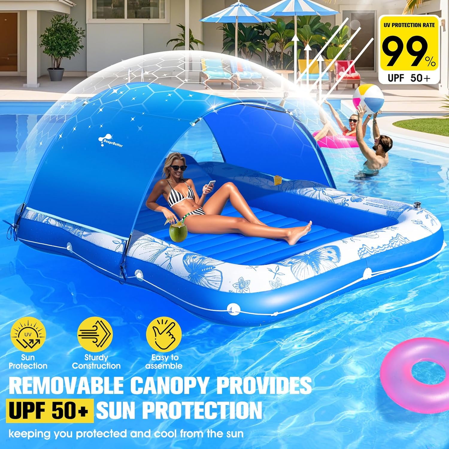 Inflatable Tanning Pool Lounger with Canopy,81"x 60" Large Tanning Floats for Adults,2025 Butterfly Pool Lounger Float,Blow Up Tanning Water Bed with Cup&Phone Holder,Adults Tanning Pools