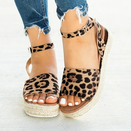 

Women Shoes Women Summer Fashion Sandals Buckle Strap Wedges Leopard Retro Peep Toe Sandals Brown 6.5