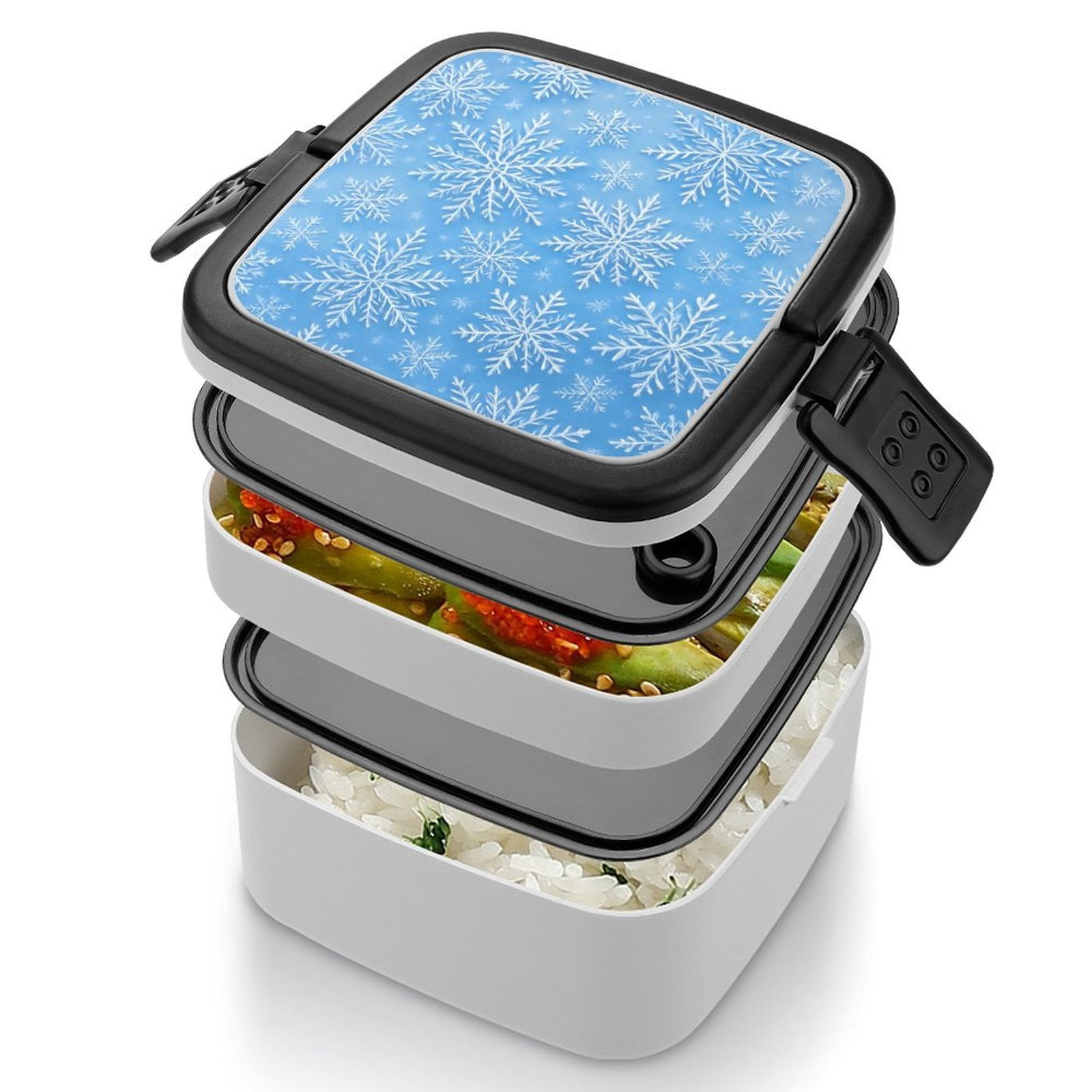 5.3×4.3in Double-Layer Bento Box Sealing Leakproof Partition Design Buckle Design Convenient Switch With Handle Winter Snowflake Pattern
