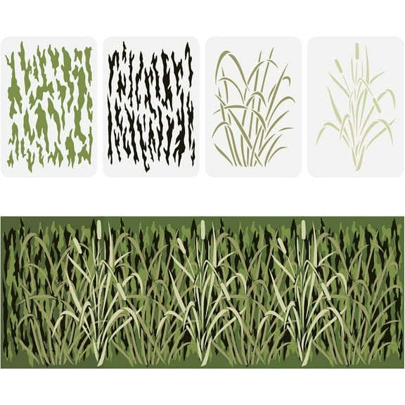 4 Pcs Bark Camouflage Stencil 11.7x8.3 inch Camouflage Grass Bark Pattern Stencils Plastic Wall Camo Stencil Kit Reusable DIY Art and Craft Stencils