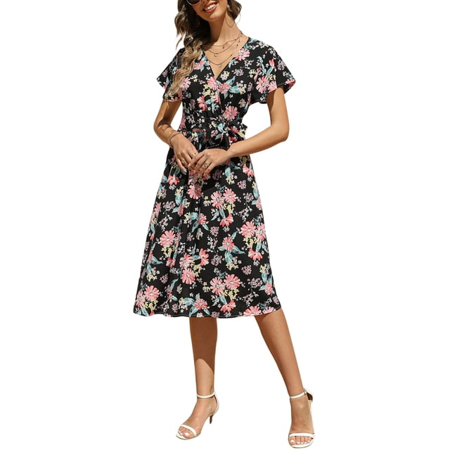 VISgogo Vestido casual de verano para mujer, estampado floral, cuello en V, manga corta, cinturón, una pieza para damas, blanco/rosa/azul claro/negro VISgogo moda