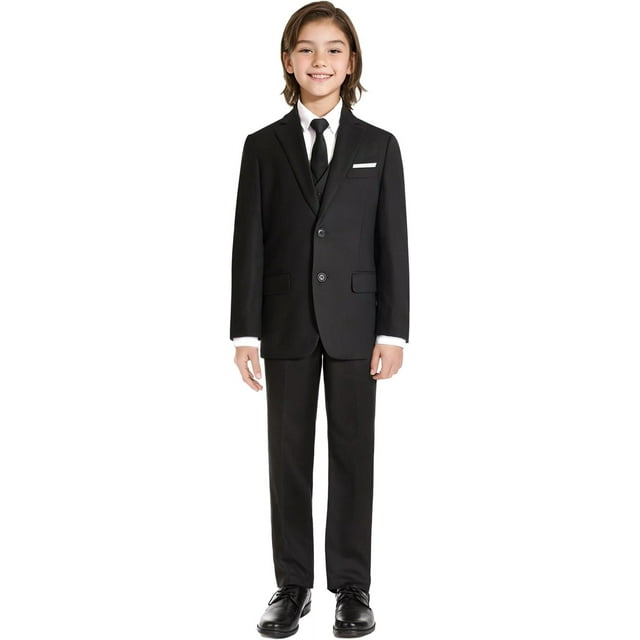 Ensemble de Complet Formel pour Garçons, avec Bretelles, Doubles Fentes, Taille Ajustable, Noir, 20T