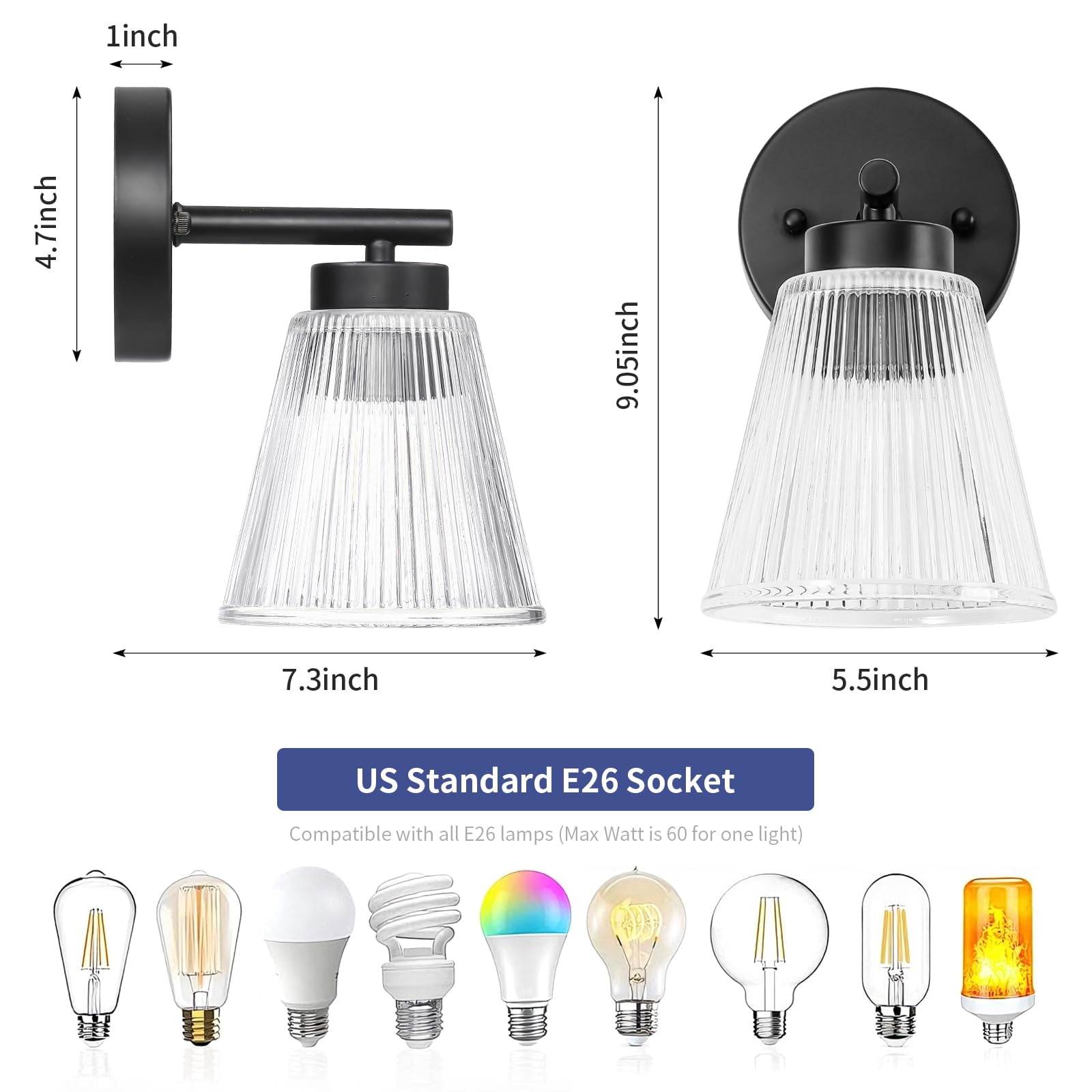 Set Of 2 Wall Sconces For Bathroom  Black Modern Vanity Light Fixtures With Striped Glass Shade Mount Lighting Lanterns Mirror Living Room Bedroom Hallway Farmhouse