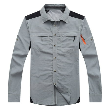 BVnarty Men s Quick Dry Hiking Shirt Long Sleeve Breathable Lightweight Outdoor Fishing Camping Travel Shirt with Zipper Pocket Button Down Tops (Gray M)