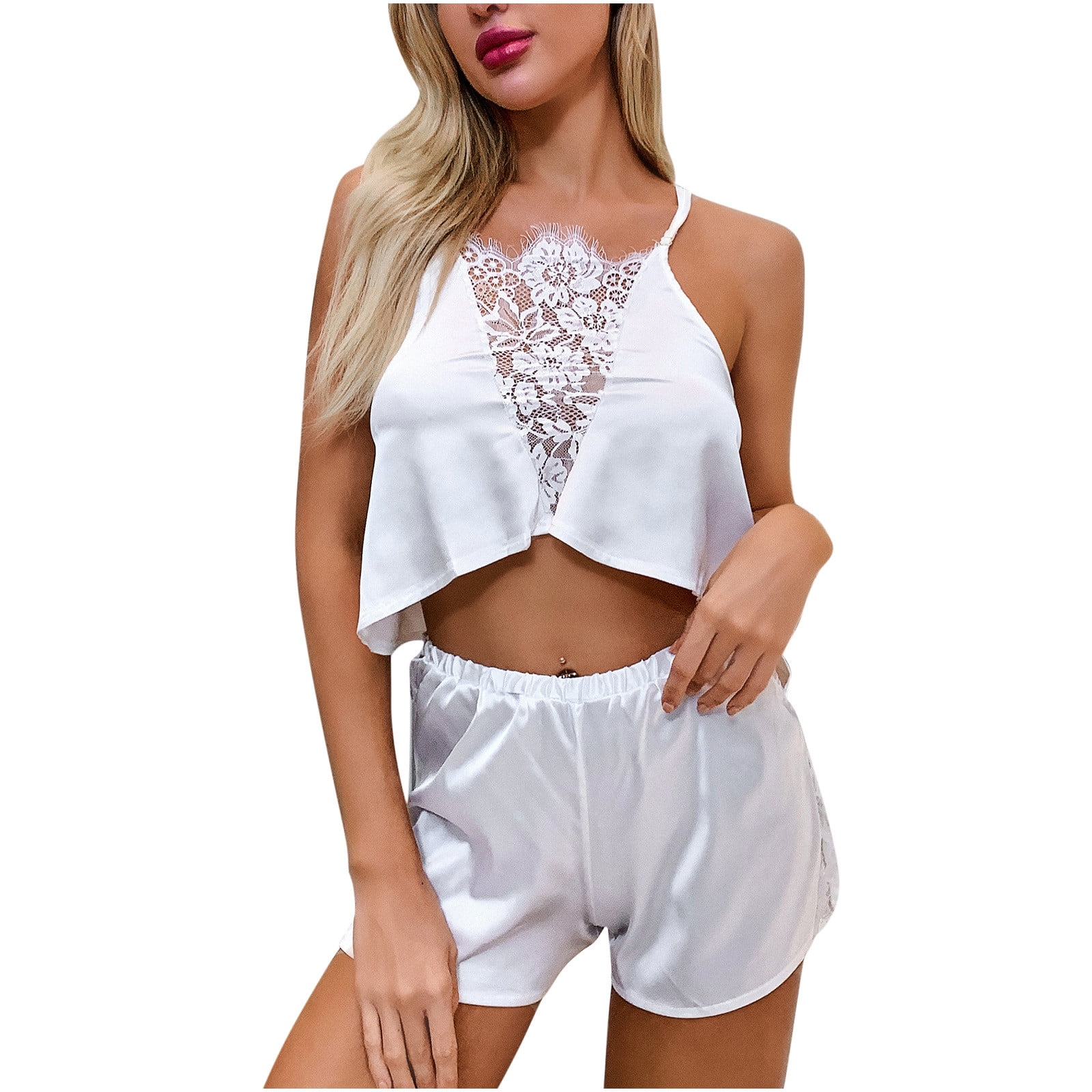 Women's Silk Satin Pajama Set Sexy Soft Lace Crop Cami Top and