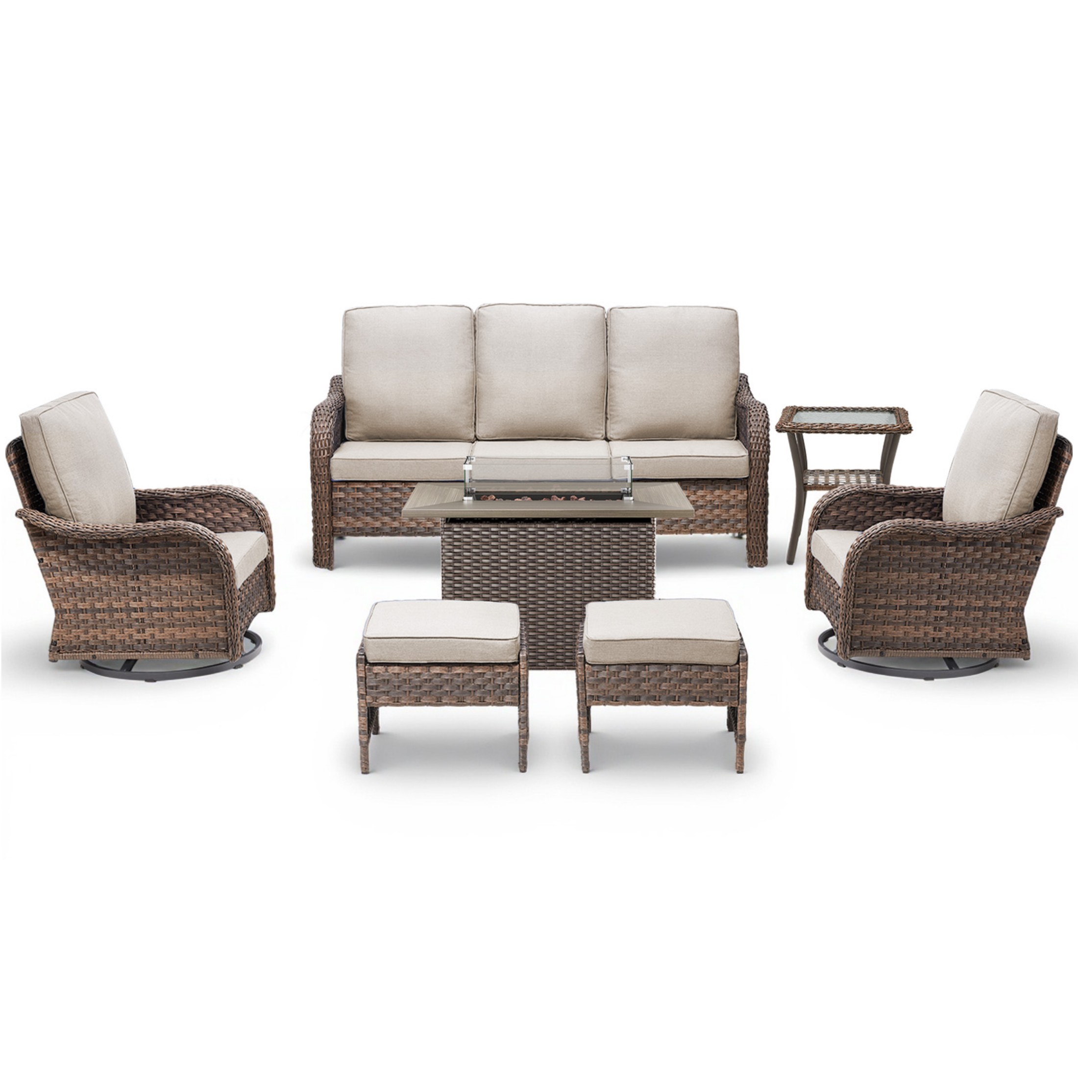 Unnifurnzi Patio Furniture Set with Fire Pit Table-7 Pieces All Weather Wicker Patio Furniture Outdoor Swivel Chairs with Outdoor Couch Outdoor Furniture for Porch Balcony Deck-Brown/Beige