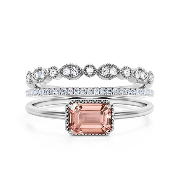 Minimalist 2.00 Carat Emerald Cut Morganite And Diamond Moissanite Engagement Ring, Wedding Ring in 925 Sterling Silver With 18k White Gold Plating, Promise Ring, Anniversary Ring, Trio Rings Set