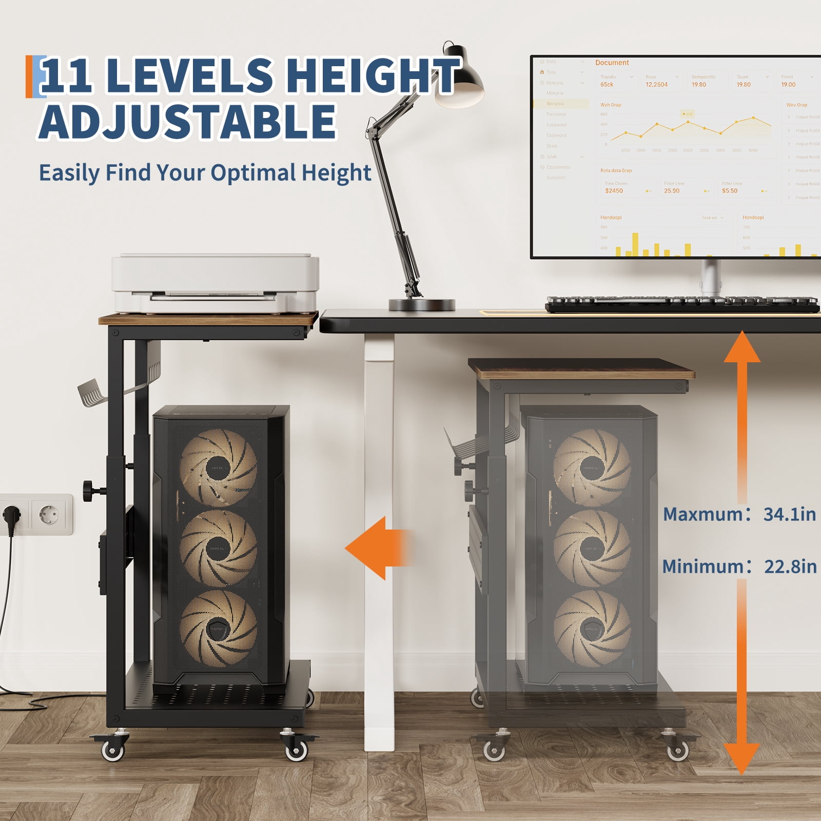 Ataujin Computer Tower Stand with Cable Management Rack, 2-Tier Mobile CPU Holder Cart, Adjustable Rolling PC Stand for Office and Home Use