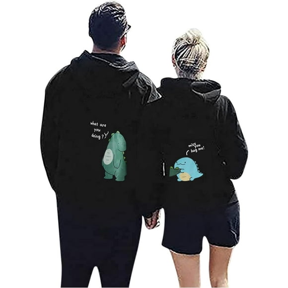 SURJDE Couple Matching Hoodie Cute Cartoon Dinosaur Sweatshirt Long Sleeve Casual Drawstring Valentine's Day Pullover