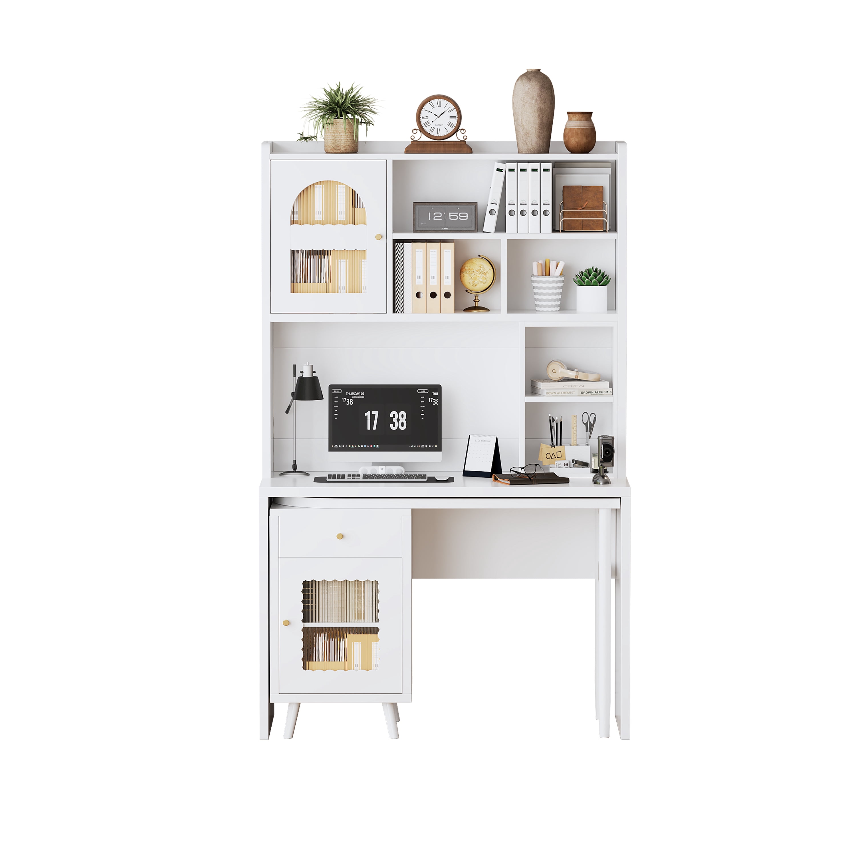 Euroco Rotating Computer Desk with Storage Cabinets, Shelves, and Drawer – 90° Swivel Desktop Writing Desk with Glass Doors