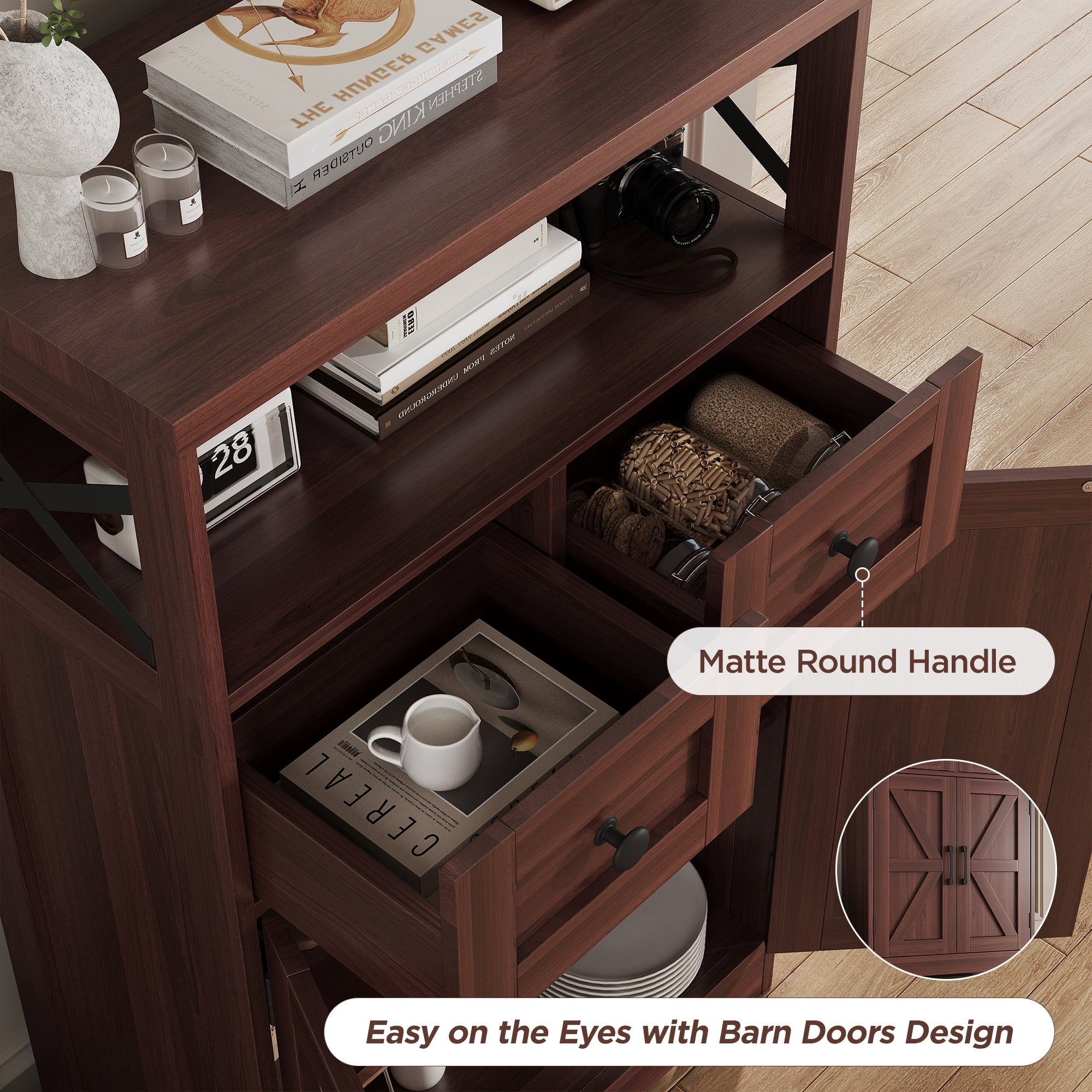 Pantry Cabinet, 43" Kitchen Pantry Storage Cabinet with Open Shelf , 2 Drawers, Adjustable Shelves, Dark Brown
