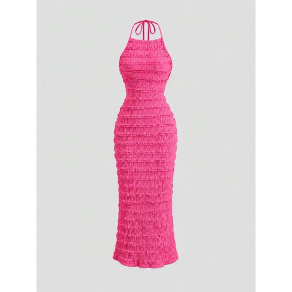 Hot Pink Ruched Halter Maxi Dress With Adjustable Neck Tie