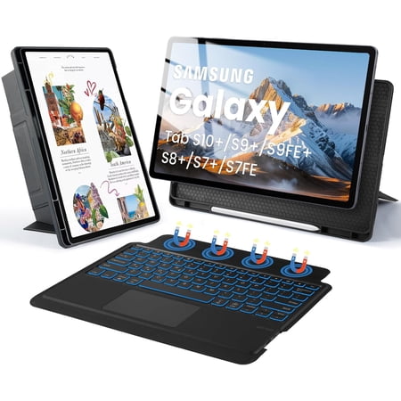 Backlit Rotatable Keyboard Case with Trackpad Samsung Galaxy Tab S10+/S9 FE+/S9+/S8+/S7+/S7 FE 12.4", 7-Color Backlight, Slim Cover with Detachable Keyboard for Samsung Tab 12.4 Inch, Black