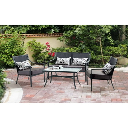 Mainstays Alexandra Square 4-Piece Patio Conversation Set, Grey with Leaves, Seats 4 with Gray Cushions