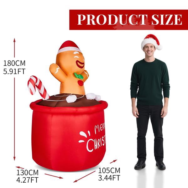Alvantor 5.9 ft Lighted Gingerbread Man Christmas Inflatable in Hot Cocoa Cup, 3 Warm White LEDs, Outdoor Yard Decor