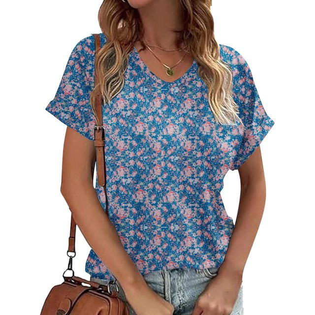 Fiudx Liquidación de Ofertas Flash Blusa Superior de Camiseta de Manga Corta con Cuello En V Estampada Informal de Moda para Mujer
