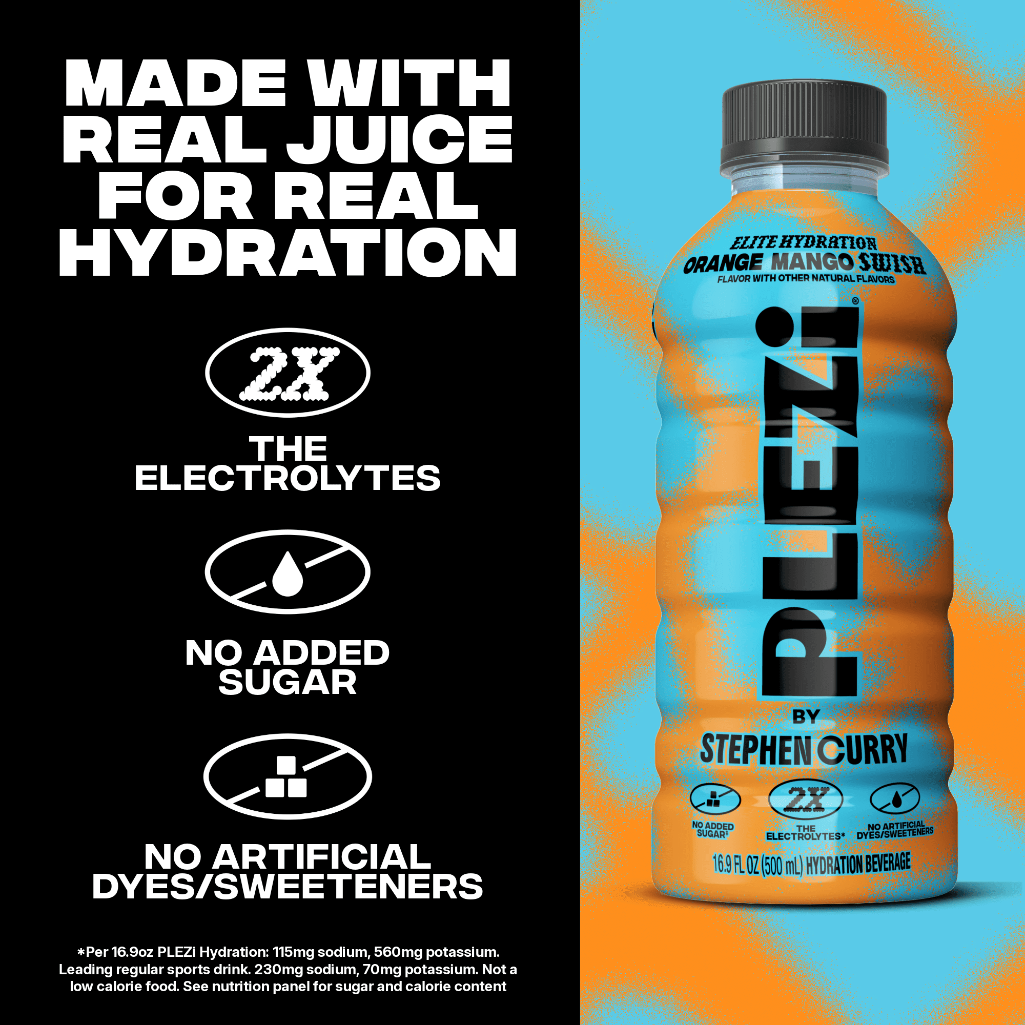 PLEZi Hydration Orange Mango Swish: Real Juice, 2X Electrolytes, 560mg Potassium, No Added Sugar, No Artificial Colors - 16.9 Fl Oz, 1 Count