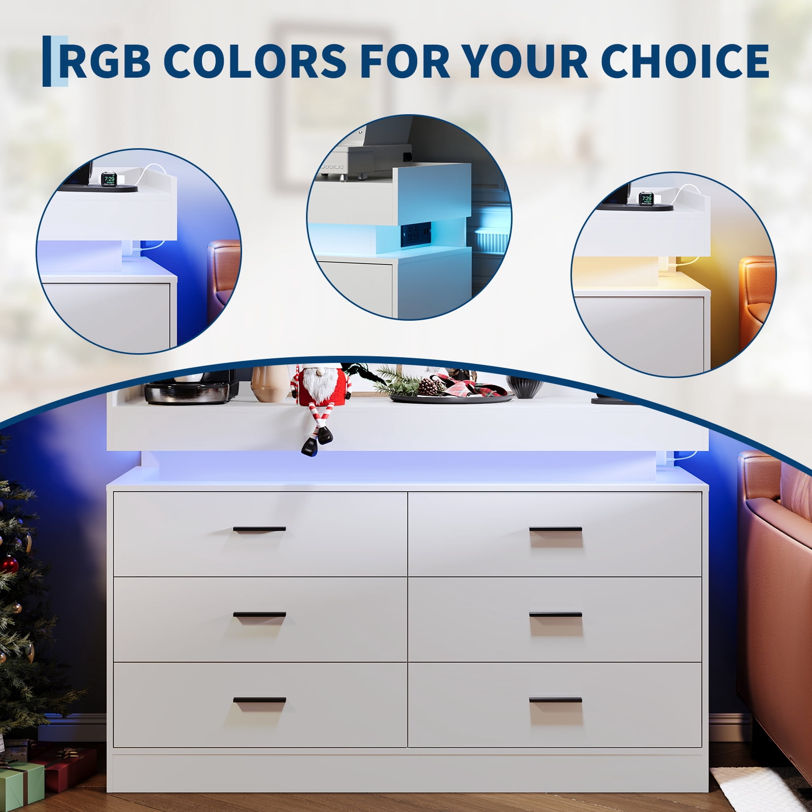 6 Drawer Double Dresser with Power Outlet, Accent Chests of Drawers with LED Light, Modern Storage Dresser with Charging Station