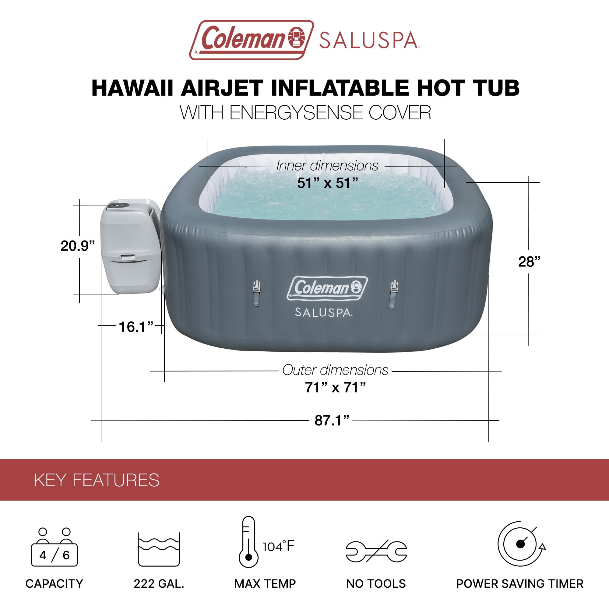 Coleman Hawaii AirJet Square Inflatable Hot Tub with Cover w/ Pump #P09144
