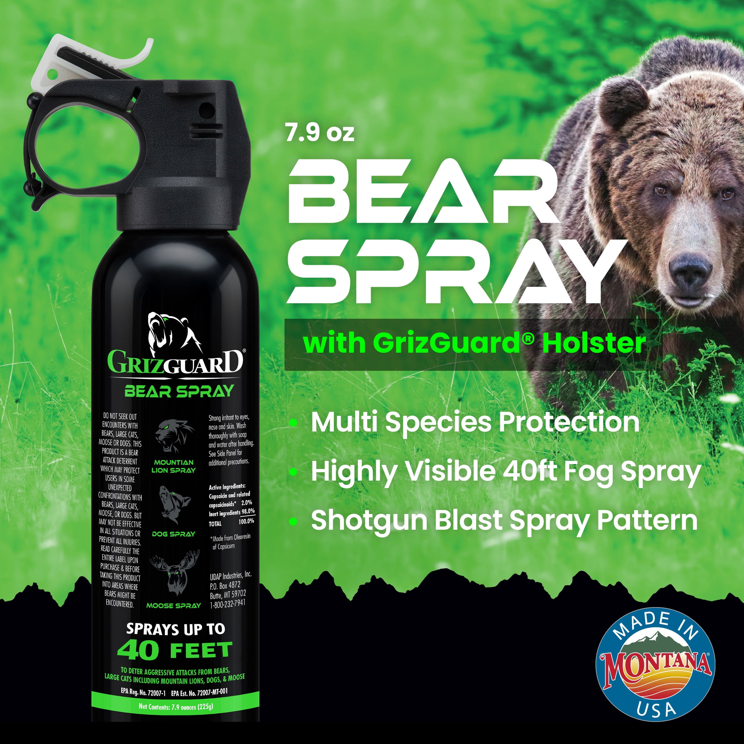 Griz Guard Bear Spray with Holster 40 ft Range, Maximum Strength, EPA-Registered Spray for Bears, Mountain Lions, Coyotes, Dogs, & Moose, Outdoor Hiking & Camping Protection, Glow Safety Clip, 7.9 oz