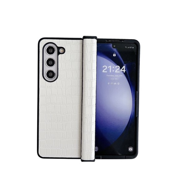 ELEHOLD Leather Case for Samsung Galaxy Z Fold 6, Crocodile Pattern soft TPU Slim Thin Shockproof Case with Hinge Protection,White