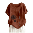 thumbnail image 2 of Brown Women's Short Sleeve T-shirt, Women'S Cotton Linen Shirts Summer Casual Boho Floral Short Sleeve Blouse Oversized Loose Ladies Tunic Tops,Women's Short sleeve T-shirt 4XL, 2 of 6
