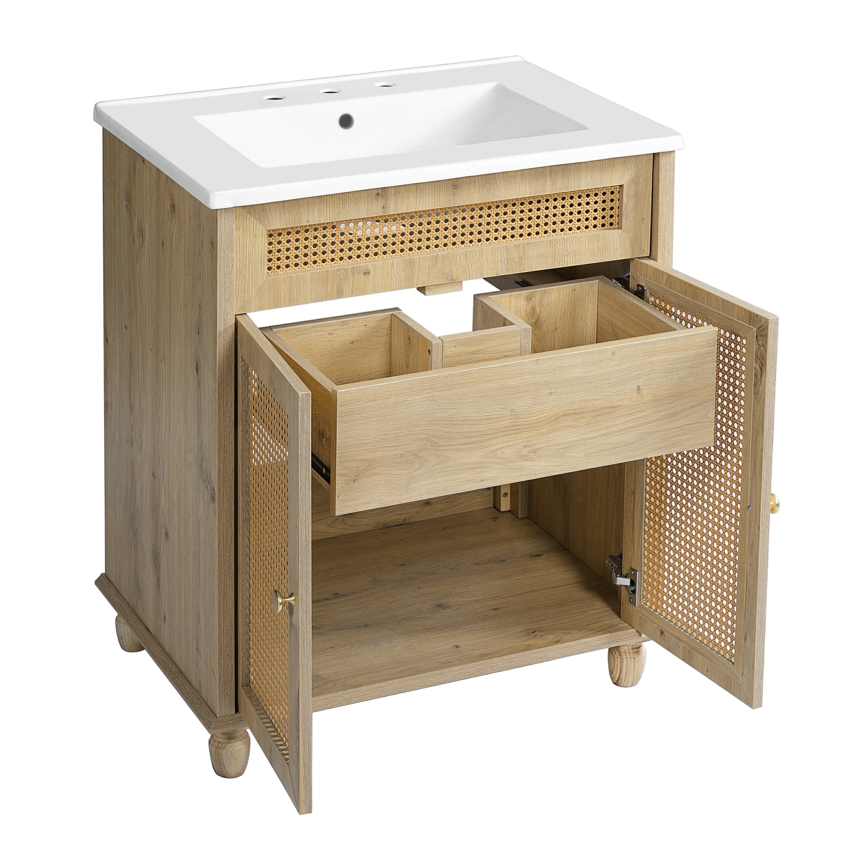 30-Inch Bathroom Vanity: Handwoven Rattan Doors, Solid Wood Legs & Resin Basin