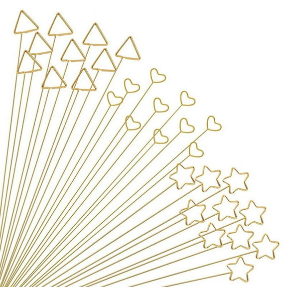 30Pcs Gold Flower Card Holder Sticks, 12 Inch Metal Wire Floral Picks, Gold Flower Pick Card Holder,Triangle,Heart, Star