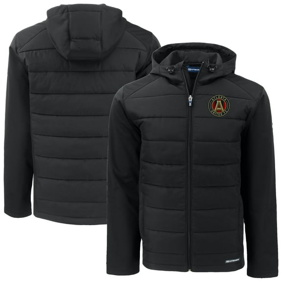 Men's-Cutter & Buck Black Atlanta United FC Evoke Hybrid Eco Softshell Recycled Full-Zip Hooded Jacket