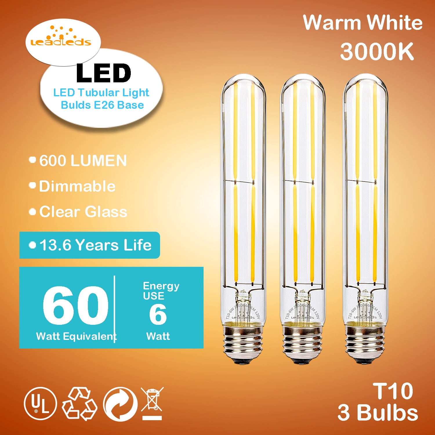 Leadleds T10 LED Edison Bulbs,Warm White 3000K,Dimmable Long Tubular