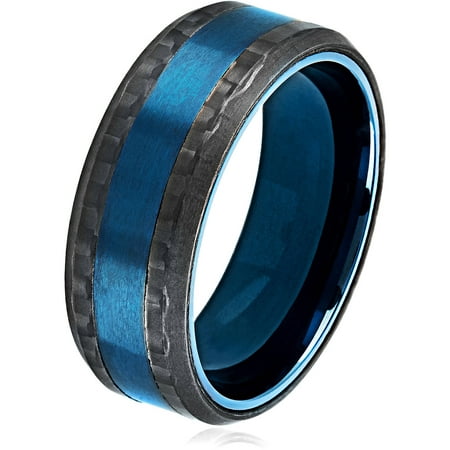 Crucible Blue IP Brushed Stainless Steel Carbon Fiber Beveled Comfort Fit Ring (8mm)