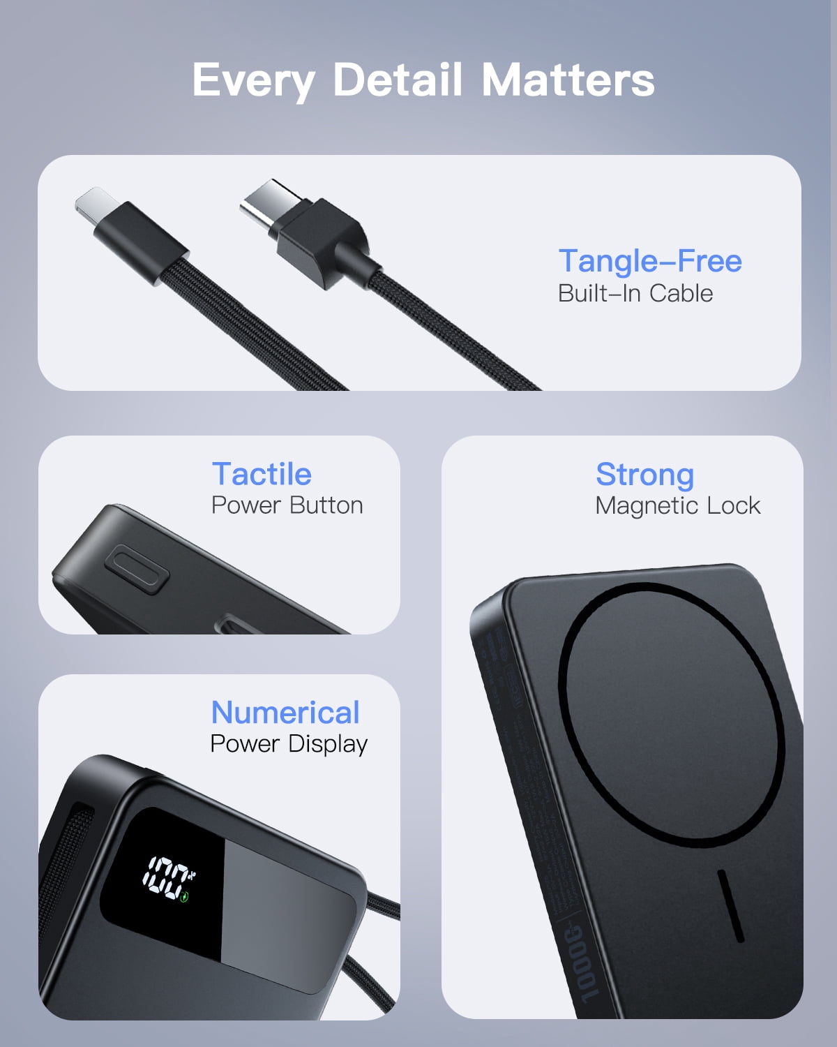 10,000mAh Magnetic Wireless Power Bank Compatible with Mag-Safe, 15W Fast Charging Portable Charger with USB-C 22.5W PD Input/Output - for iPhone 17/16/15/14/13/12 Series, AirPods