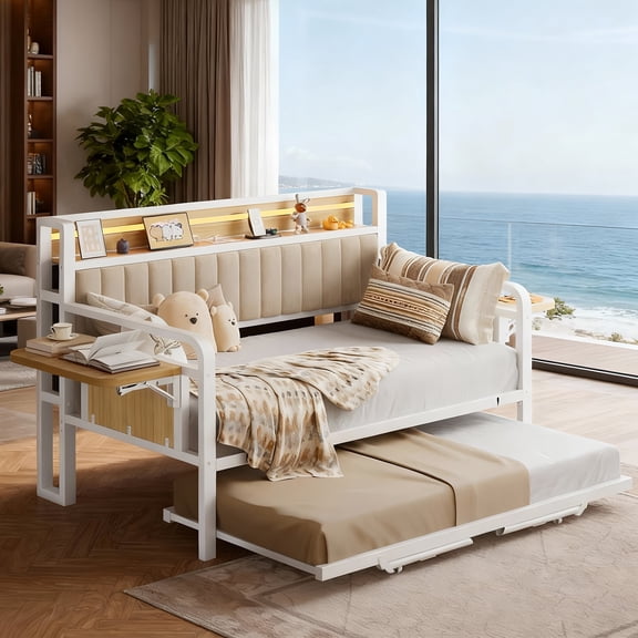 Vipuse Daybed with LED Light, Heavy Duty Metal Twin Bed Frame with Upholstered Storage Headboard & Charging Station, Day Bed Pop Up Trundle Bed Twin for Living Room,Bedroom and Guest Room, White