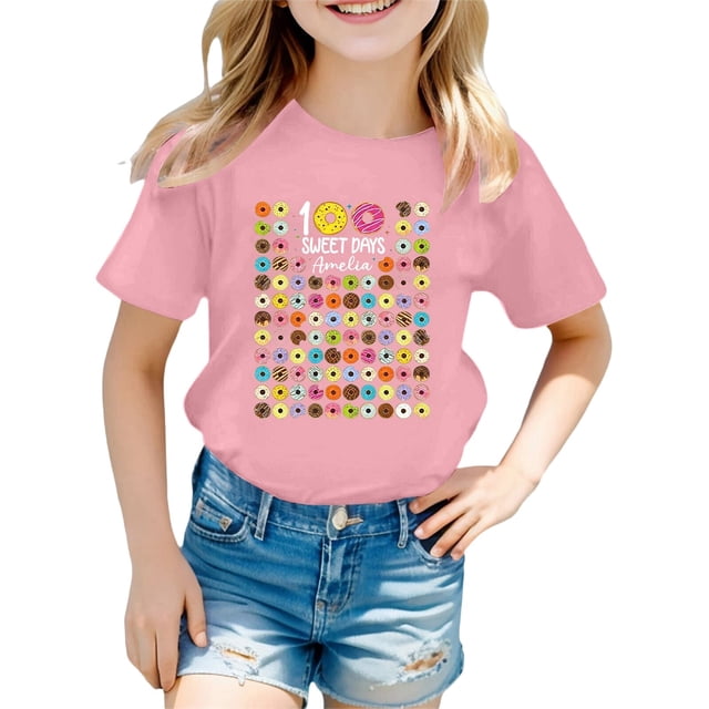 Rhuody Hauts pour Fille T-Shirt à Col Rond Manches Courtes Hauts T-Shirt à Imprimés de Dessins Animés Rétro Tenue Quotidienne 6-7 Ans Rose