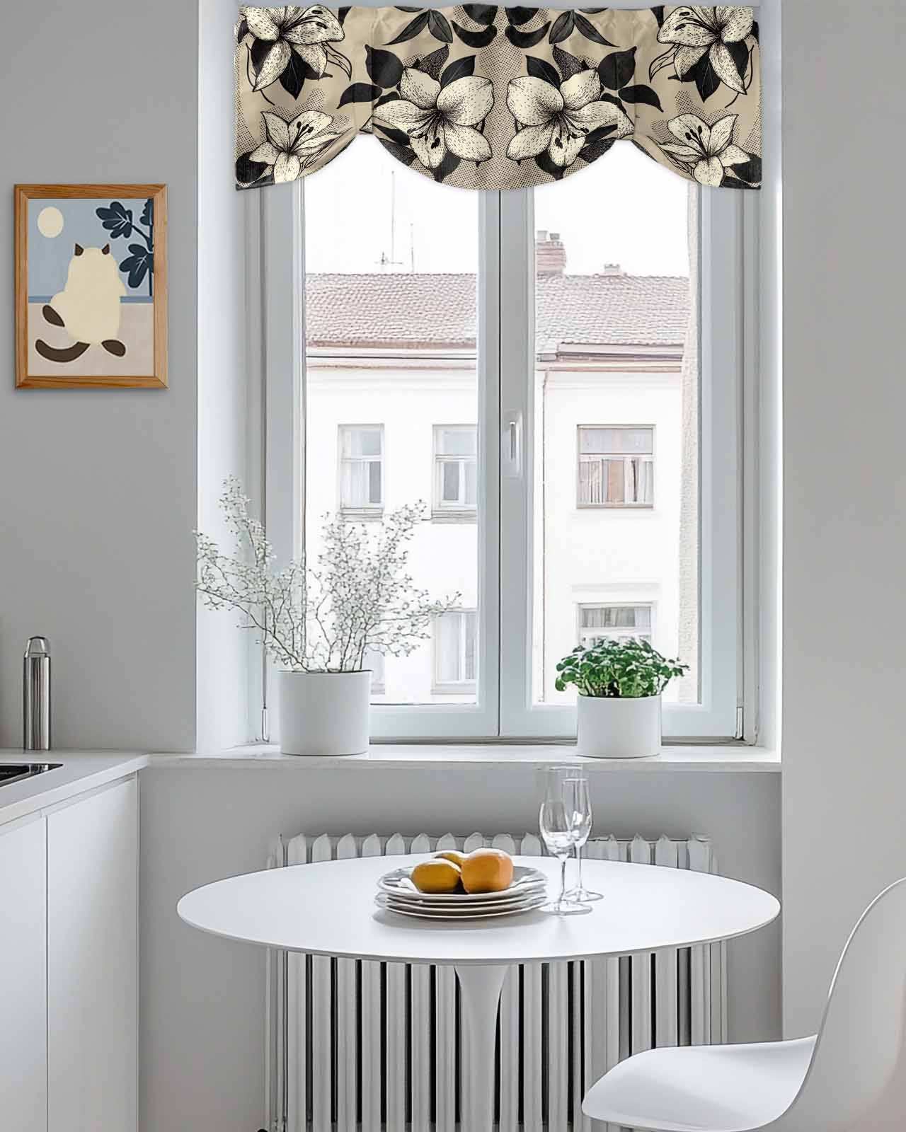White Flowers Tie Up Valances Curtain, Black Leaf Vintage Khaki Background Kitchen Valances for Windows Decor, Rod Pocket Short Curtains Set for Bedroom/Bathroom, 54"x18"