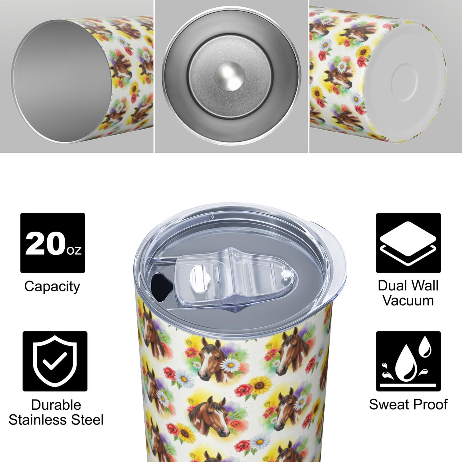 20oz Stainless Steel Skinny Tumbler, Double Wall Travel Mug with Lid and Straw,Horse Floral Head Colorful Pattern