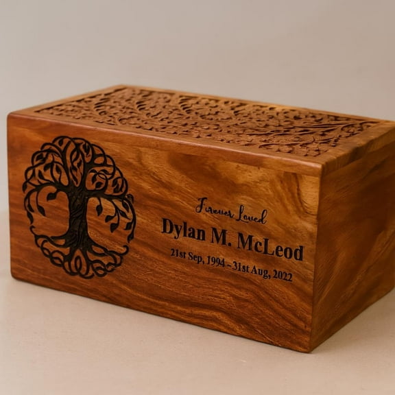 Tree of Life urn, handmade rosewood cremation urn box for human ashes, beautiful keepsake memorial urn box for ashes