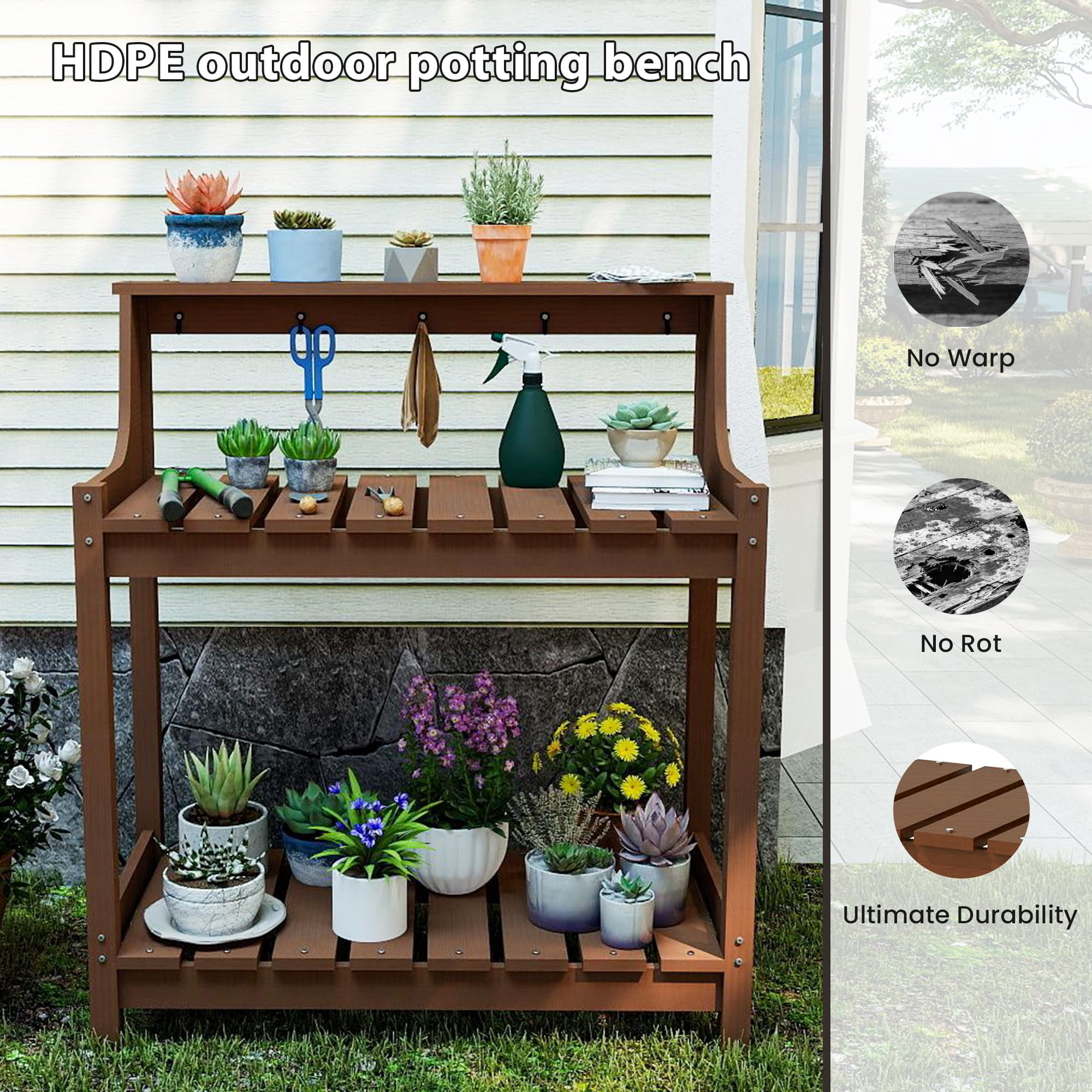 HDPE Outdoor Potting Bench, All-Weather Garden Potting Table with 3-Tier Storage, 43.3" Ergonomic Workstation for Patio Backyard Garden