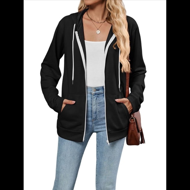 Sudadera con Capucha Informal con Cremallera para Mujer, Cómoda, Holgada, de Larga, Color Liso, con Bolsillos. Negro L