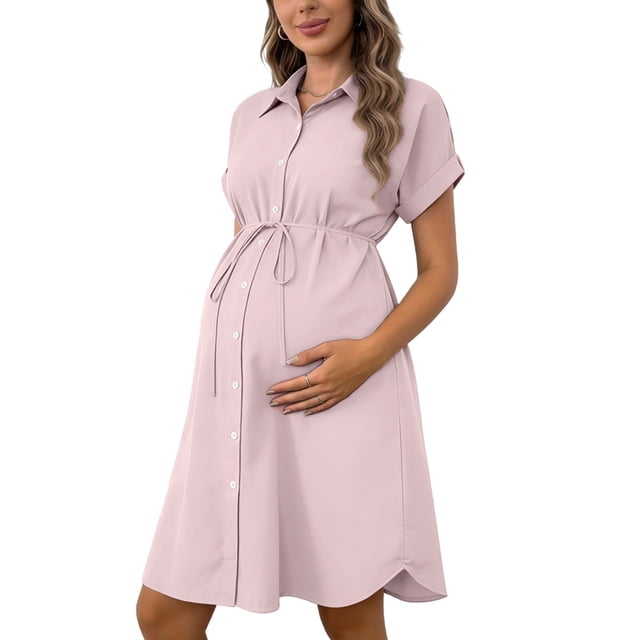 RXMEKW Robe de Maternité avec Col à Revers et Ceinture Élastique pour Femmes, Robe-Chemise à Manches Longues pour la Grossesse, Polyester, Noir