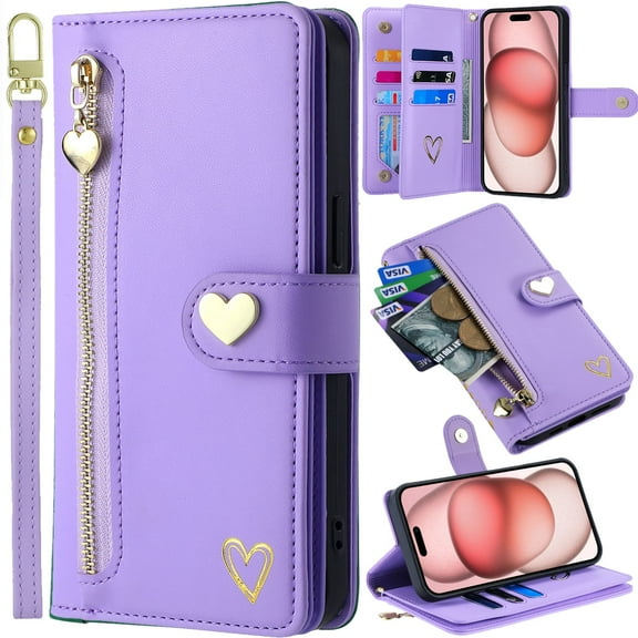 for iPhone 8/7/SE Phone Case Leather Wallet Pocket Folio Flip Cover Kickstand, 3 Layer Multi Card Holder Cash Slot Photo Bag, Golden Love Zipper Puller Magnetic Buckle, Wrist Strap