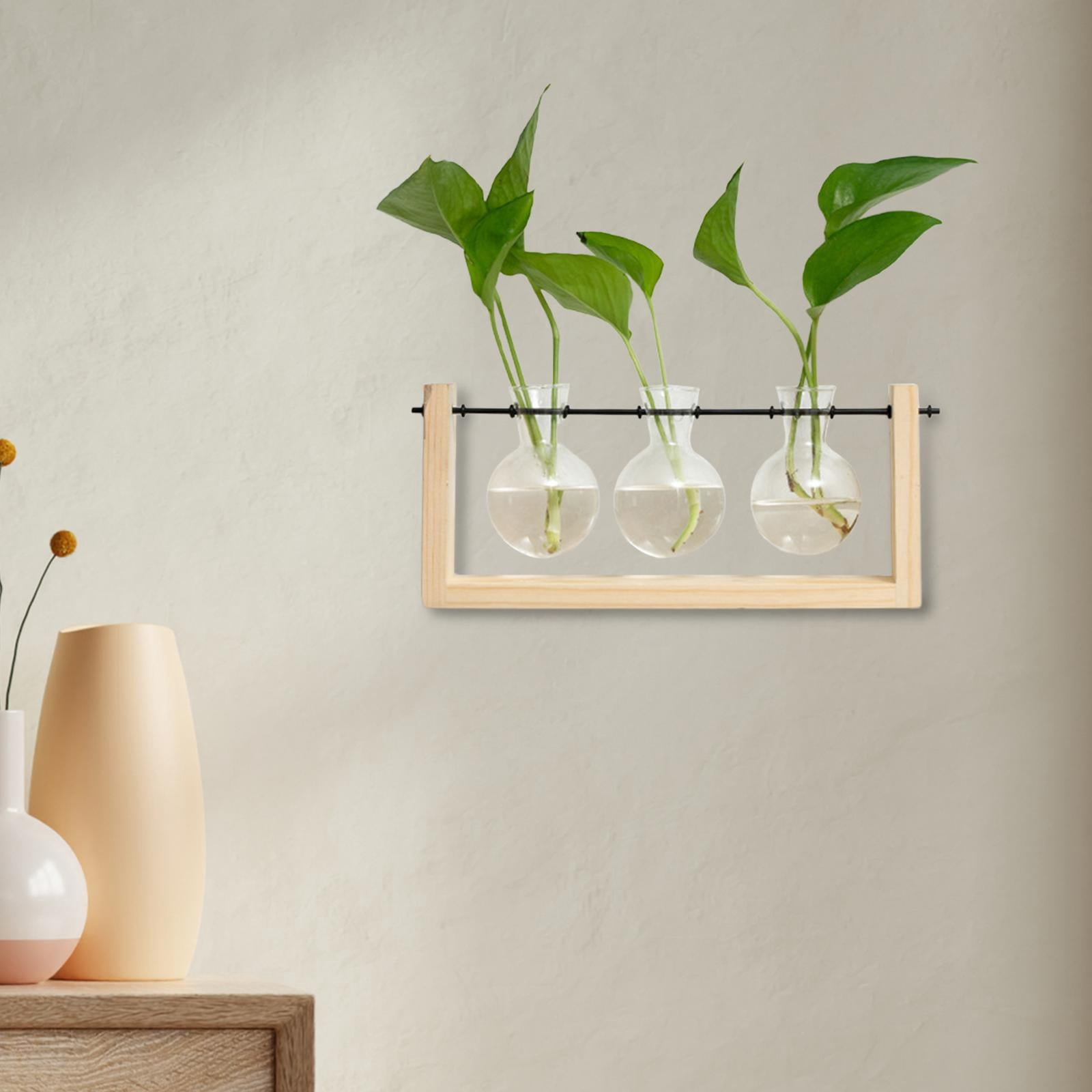 WLPZXP Glass Hanging Planter Hydroponic Vase Wall Mounted Plant Propagation with Wooden 28cmx12.5cm