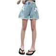 thumbnail image 6 of Annhoo Girls Summer Denim Shorts Elastic Waisted Button Bow Pearl Casual Trendy Shorts with Pockets 4-14 Years, 6 of 7