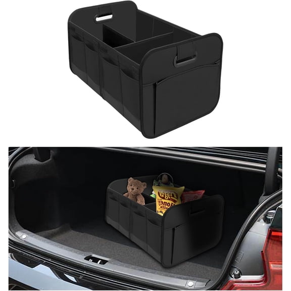 Car Trunk Organizer, Collapsible Multi Compartment Car Organizer with Reinforced Handles, Foldable & Waterproof Oxford Polyester Car Storage Organizer, Universal Car Accessories (Black)