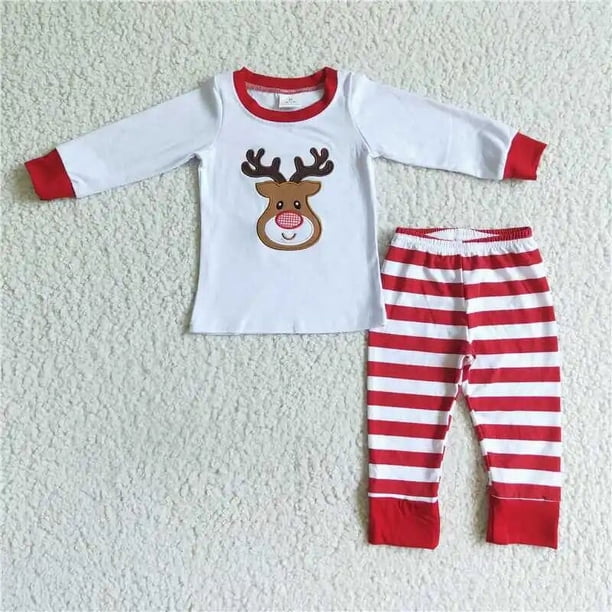 Conjunto bordado de Navidad para niños, ropa de dormir de algodón con pan de jengibre y caramelo, pantalones a cuadros, conjunto de ropa de dormir para niña, pijamas para niños pequeños