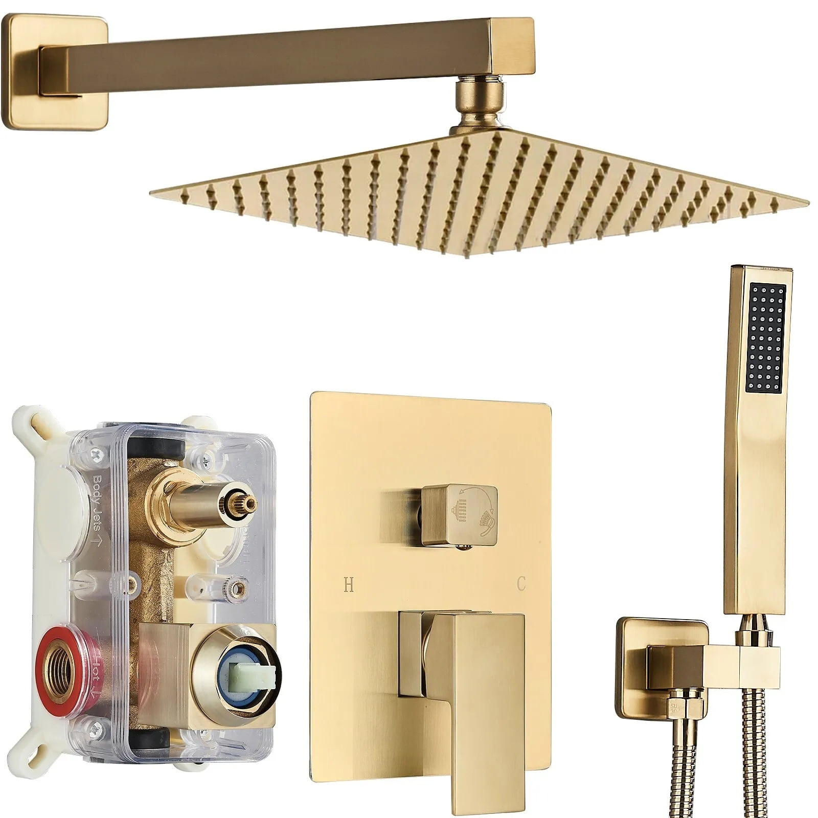 Brushed Gold Shower Faucet Set with Valve 8 inch Rain Shower Head Combo System