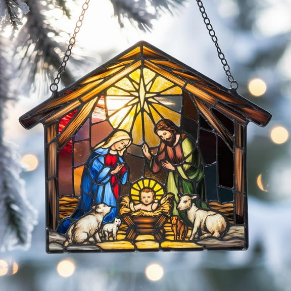 Nativity Scene Acrylic Suncatcher, Christmas Sun Catcher Ornament, Holy Family Faux Stained Glass, Christian Window Hanging, Christmas Decor