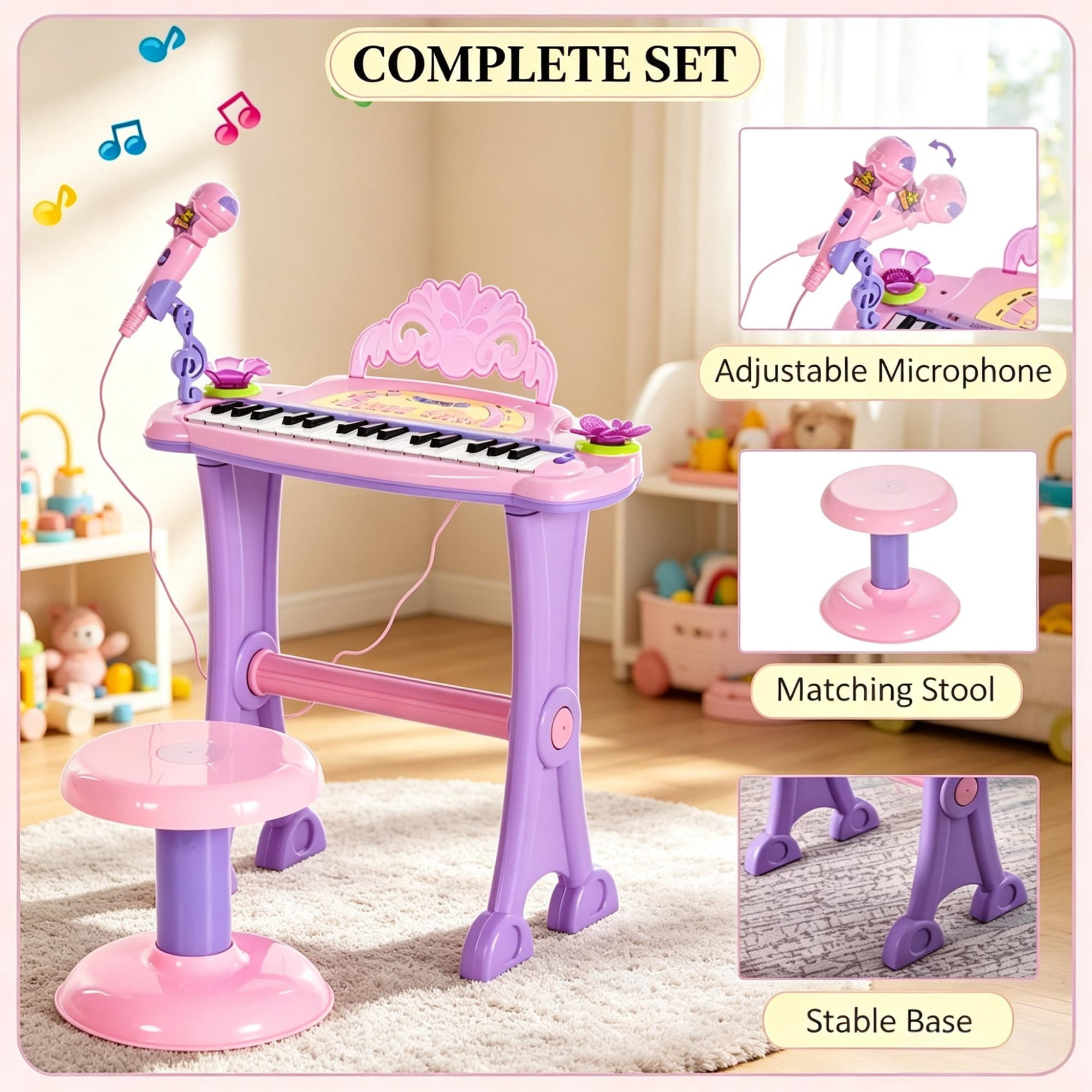 32-Key Kids Toy Piano, Princess Style with Stool, MP3, Record, Flashing Lights & Microphone, Pink